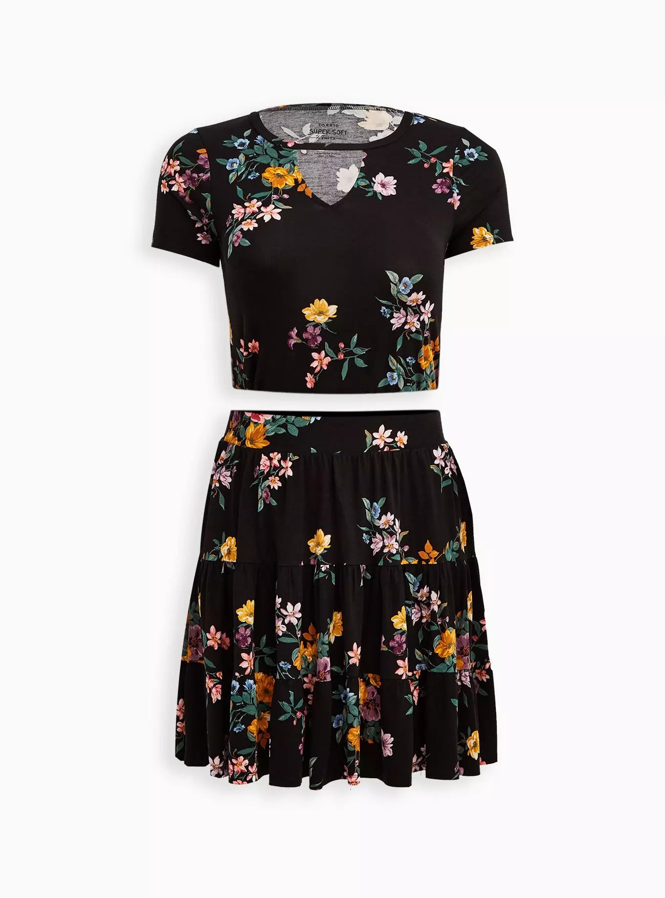 Tiered Crop Top + Mini Skirt Set - Super Soft Floral Black
