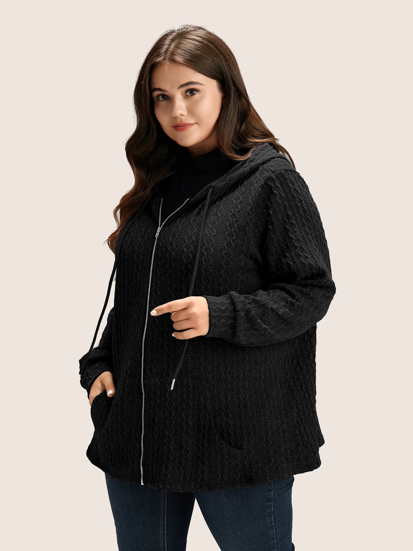 Plain Textured Zipper Hooded Sweatshirt