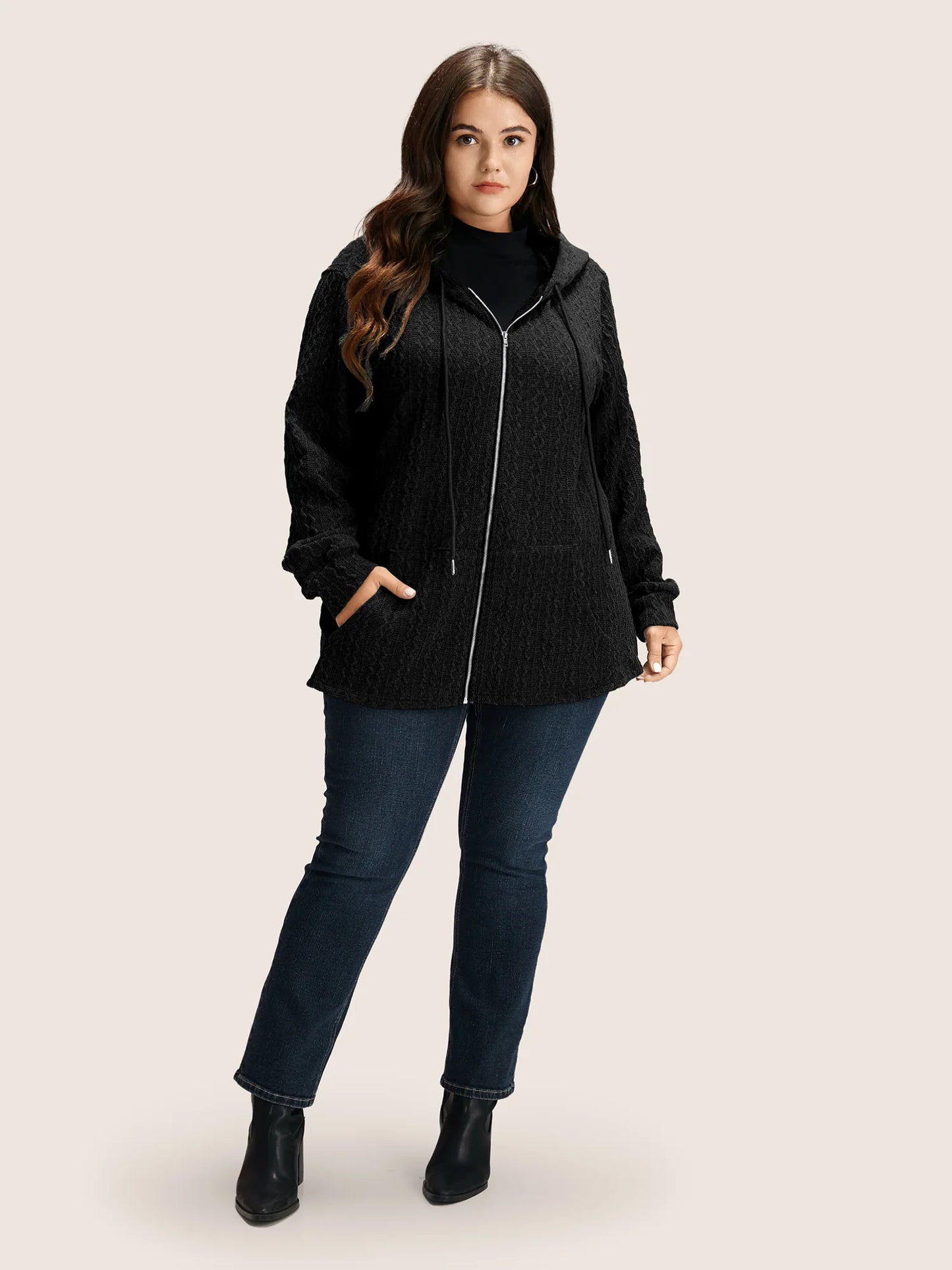 Plain Textured Zipper Hooded Sweatshirt