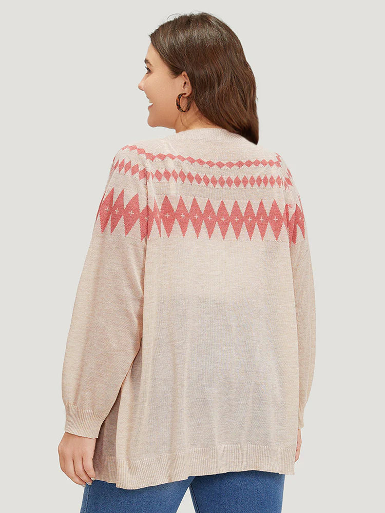 Geometric Print Raglan Sleeve Open Front Cardigan