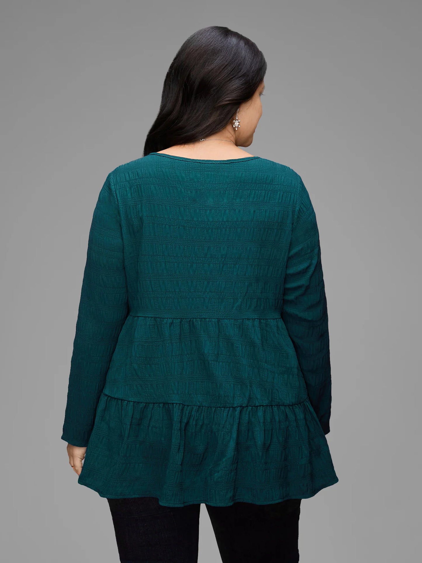 Textured Round Neck Tiered Hem Blouse