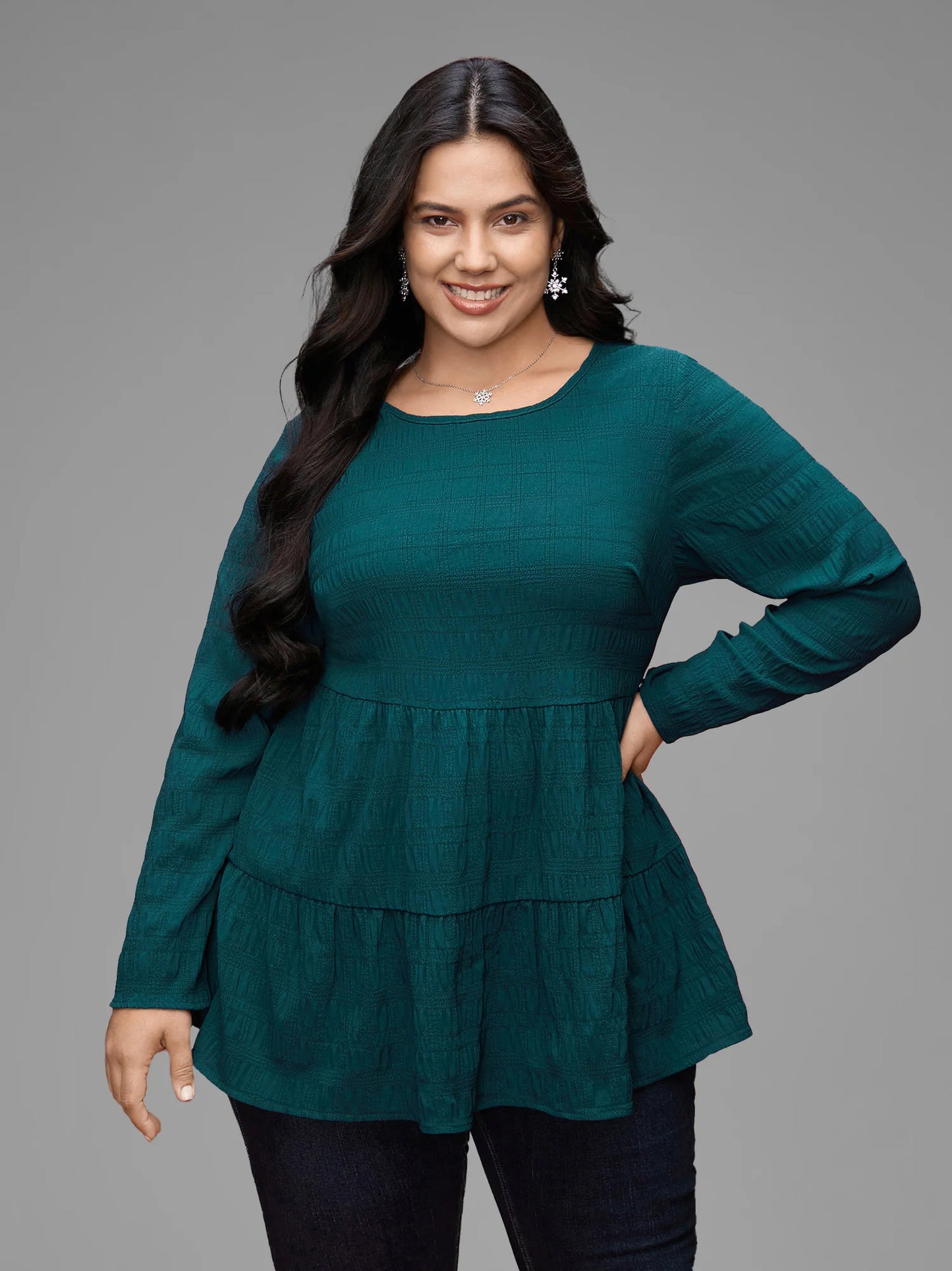 Textured Round Neck Tiered Hem Blouse