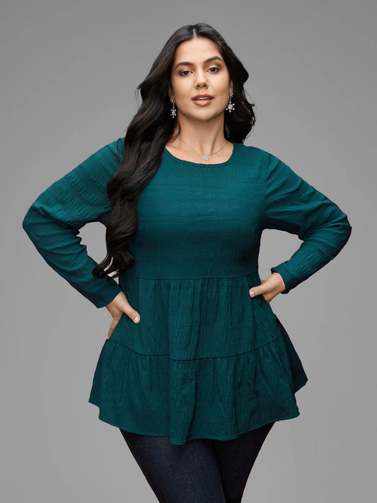 Textured Round Neck Tiered Hem Blouse