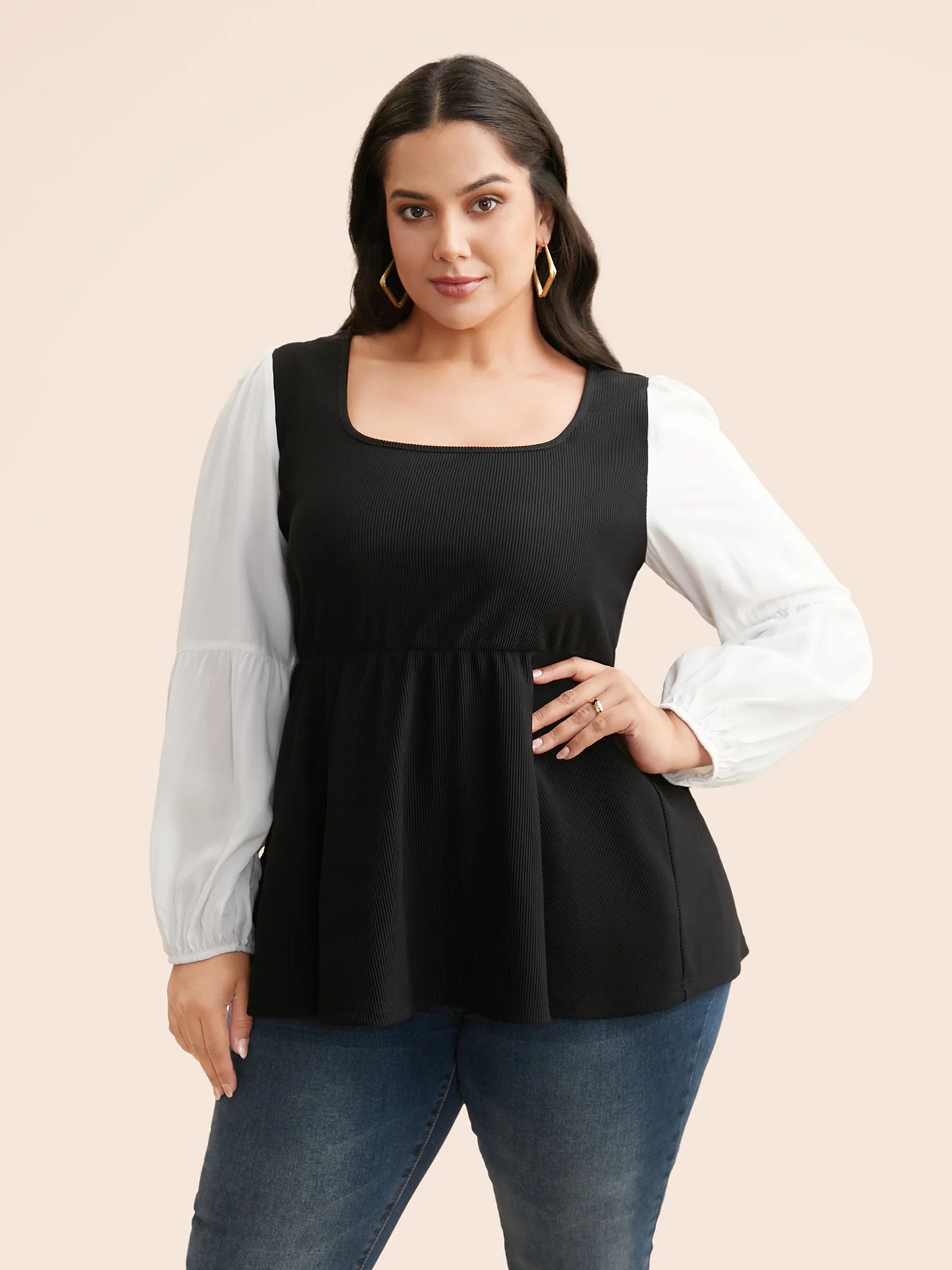 Contrast Patchwork Gathered Puff Sleeve Blouse